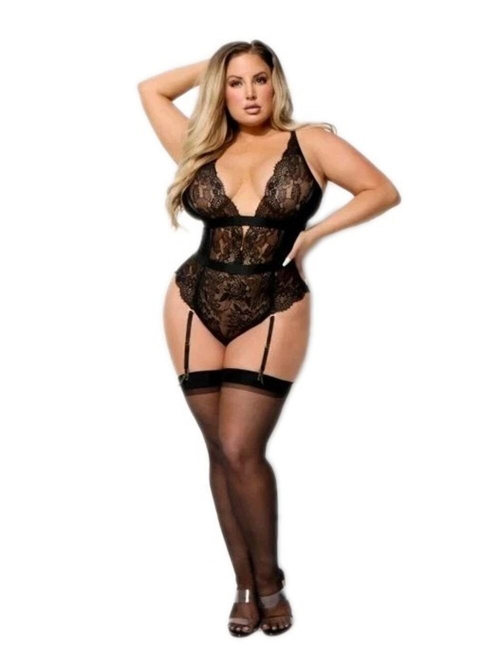 House of Desire Helena Lace & Satin Wireless & Open Back TEDDY Black Sz 1X/2X